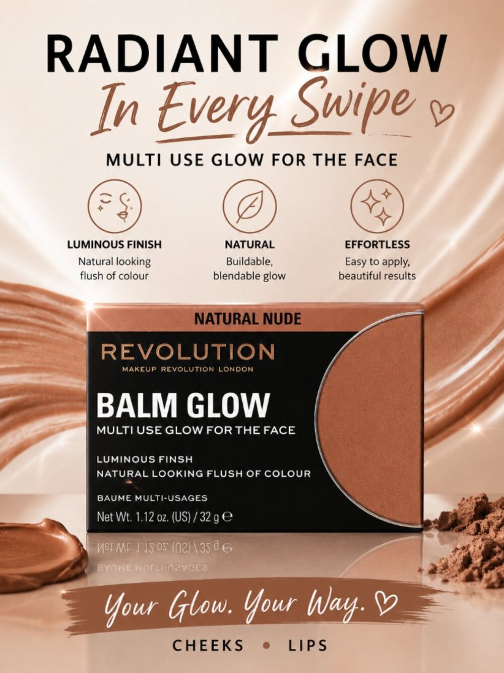 Revolution Balm Glow Natural Nude Multi Use Face & Lip Balm 1.12 Oz New